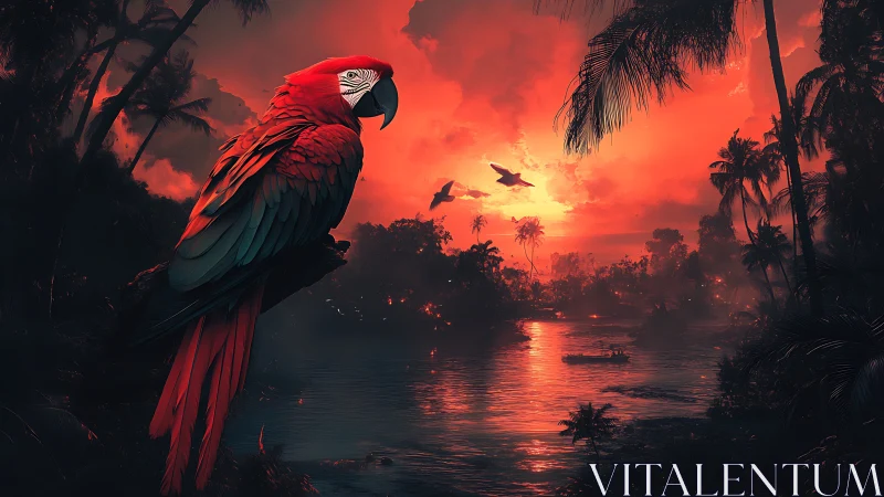Scarlet macaw in high-contrast tropical river sunset atmosphere