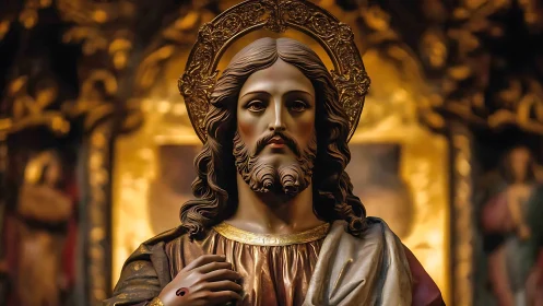 Golden-lit sacred statue gazes softly through cathedral glow