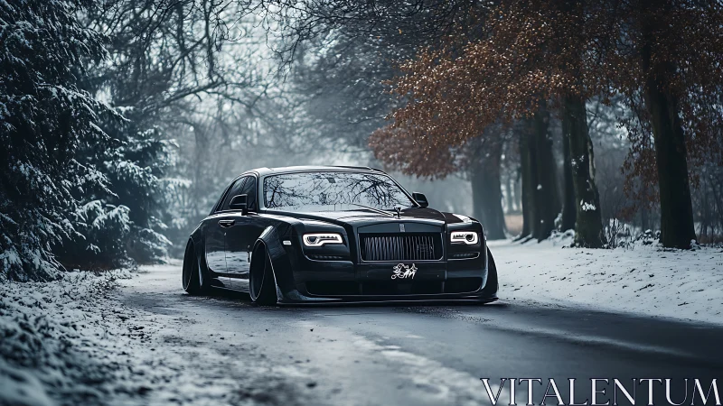 Black luxury sedan on snowy forest road in winter season.