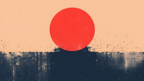 Minimalist red sun over abstract dark horizon field.