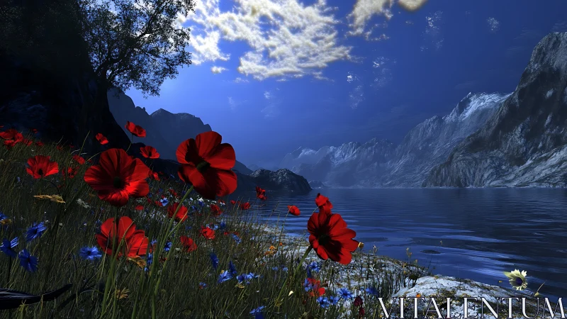 Red wildflowers by alpine lake under deep blue sky.