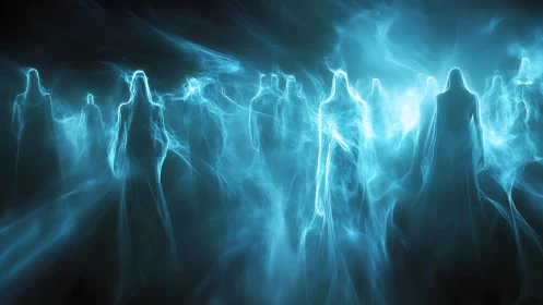 Ethereal blue spirit figures drift through luminous void