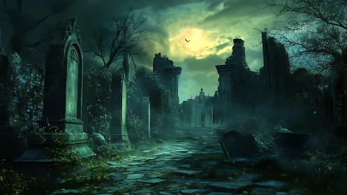 Haunted graveyard ruins under eerie green moonlight.