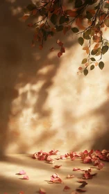 Fallen pink petals and autumn branches in soft studio light.