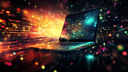 Laptop computer surrounded by dynamic, multicolor light trails