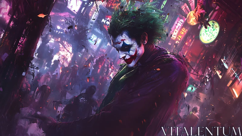 Neon-clad clown figure in chaotic cyberpunk alleyway panorama.