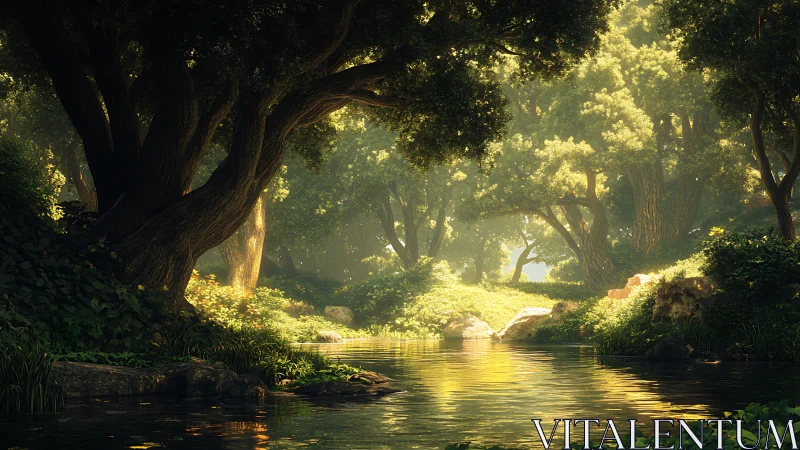 Sunlit Forest Stream with Ancient Trees.