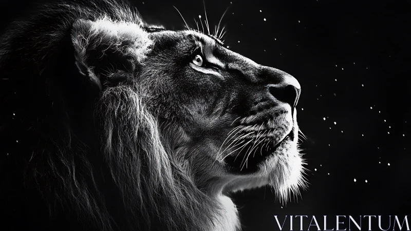 Black and white lion profile in dramatic side lighting.