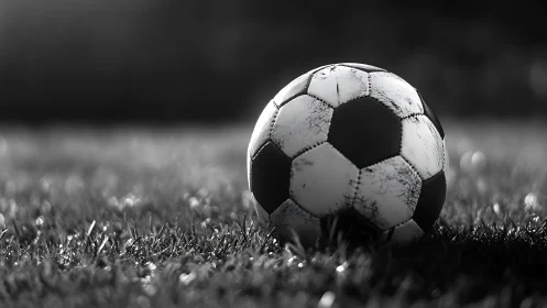 Sunlit lone soccer ball waiting on a quiet grassy pitch.