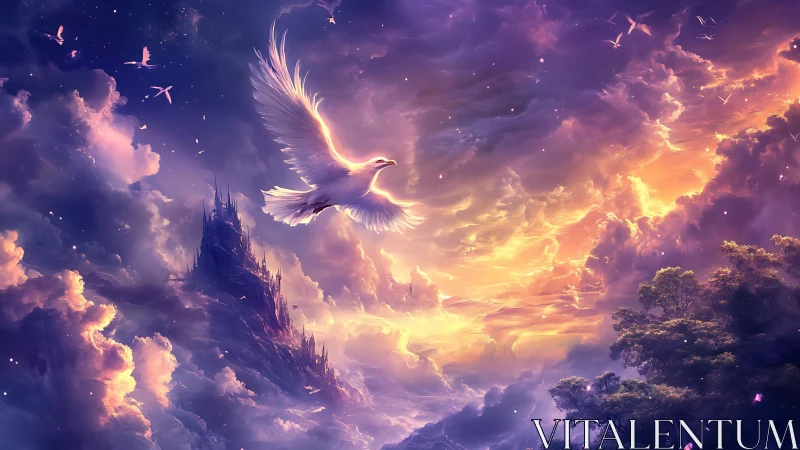 Soaring white dove over glowing fantasy sky at sunset.