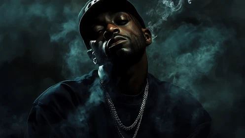Moody hip hop portrait in drifting cinematic smoke chiaroscuro.