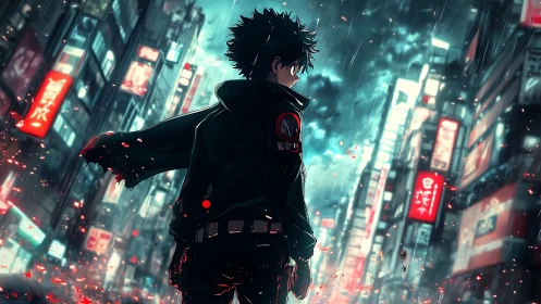 Hooded anime antihero in neon rain-soaked cyberpunk alley