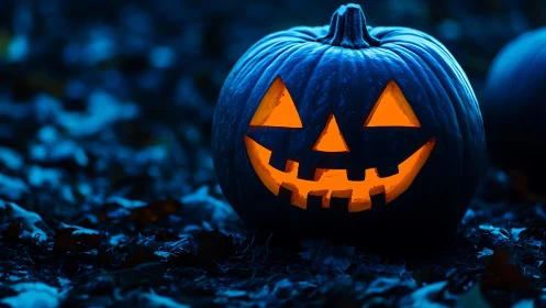 Illuminated carved pumpkin displays geometric jack-o-lantern face