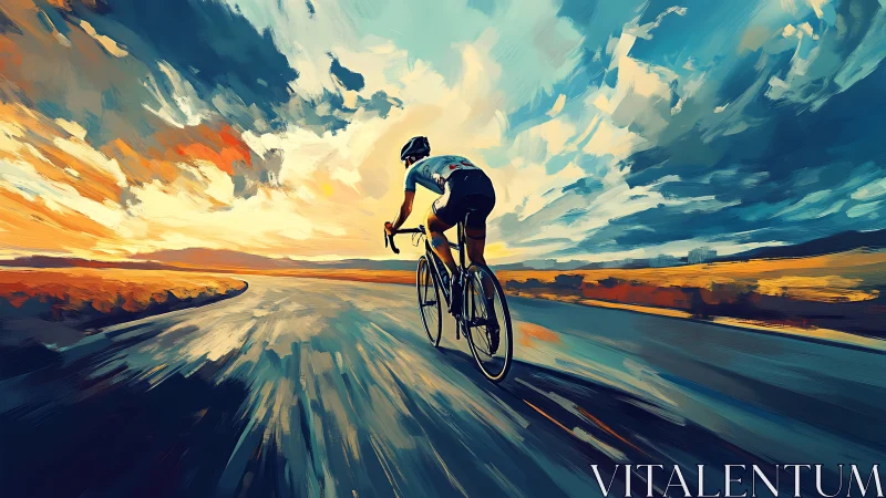 Cyclist rendering exhibits velocity radiance with directional motion blur atmospheric perspective.