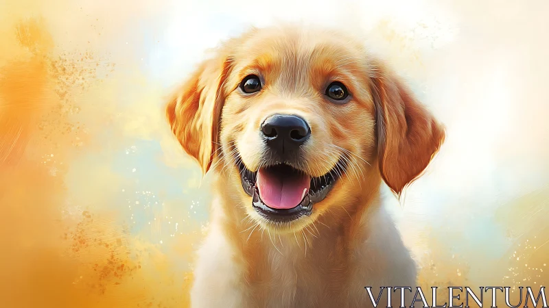 Golden retriever puppy portrait on soft abstract backdrop.