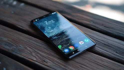 Modern Smartphone Display Configuration on Wooden Surface Photographed.