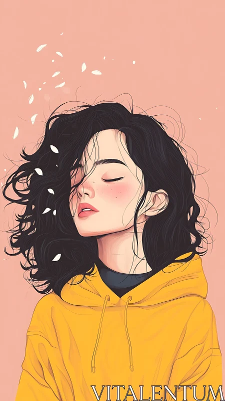 Serene girl in yellow hoodie drifts in soft pastel petals
