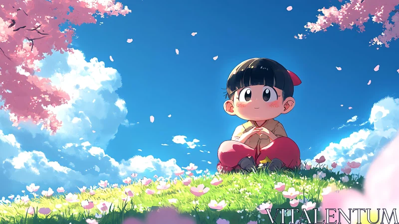 Child under cherry blossoms sits on sunlit hill in anime style