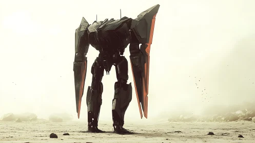 Colossal desert mech standing in glaring wasteland haze.