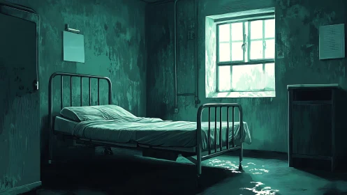 Quiet hospital room rests in moody teal light and shadow