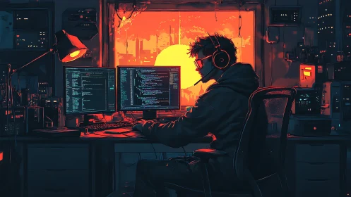 Hooded programmer coding at dual monitors in neon studio.
