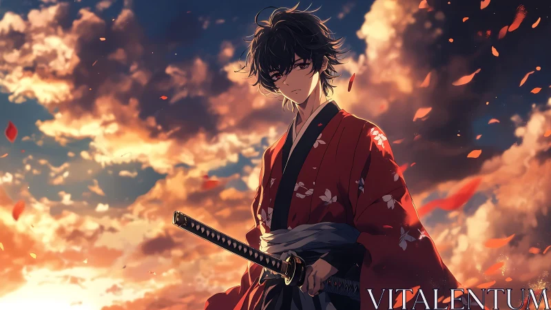 Sunset samurai in a red kimono wrapped in drifting petals.