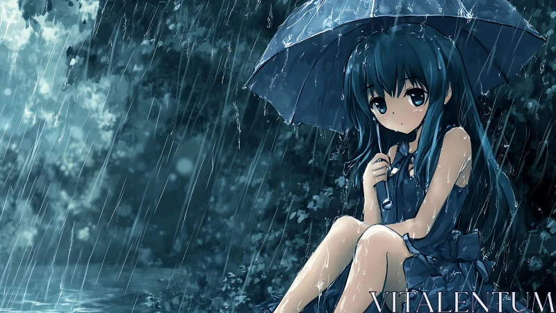 Anime rain portrait of seated girl with umbrella composition.