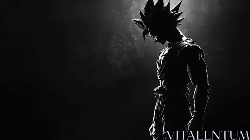 Silhouetted anime warrior stands in dramatic backlight.