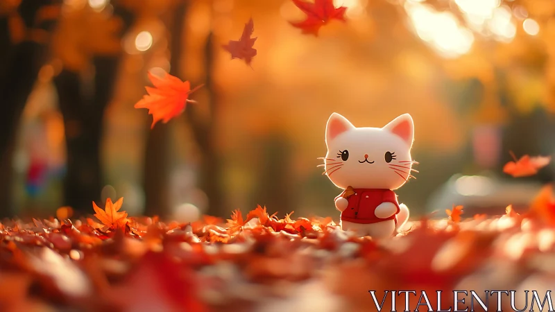 Ceramic Cat Figure in Autumn Forest With Falling Leaves.