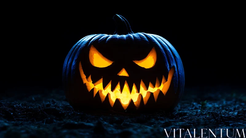 Glowing jack o lantern grins wickedly in the moonlit dark.