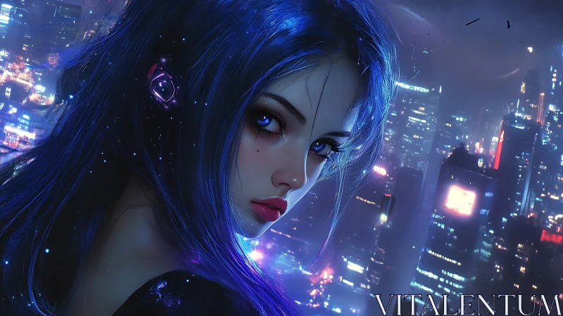 Blue haired cybernetic woman overlooks neon city skyline