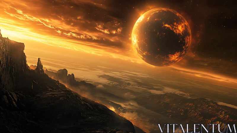 Molten twilight planet looms over a scorched alien horizon