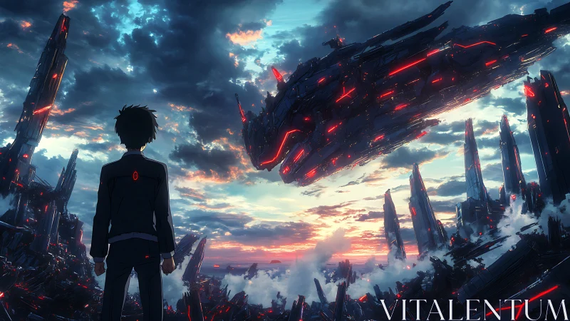 Lone figure watches colossal alien warship over ruined city