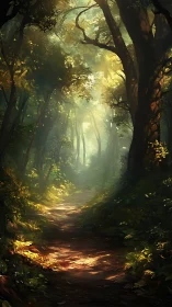 Luminous Forest Cathedral: Where Sunlight Whispers Through Ancient Boughs.