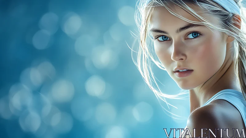 Portrait of young woman against soft blue bokeh background.