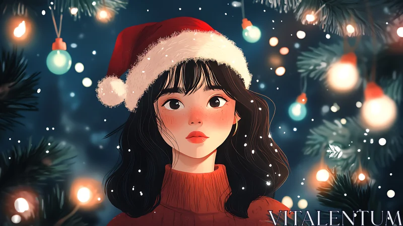 Snowlit girl in red Santa hat amid glowing fir lights.