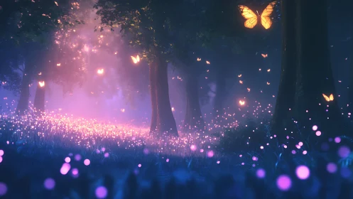 Softly glowing forest welcomes gentle golden butterflies