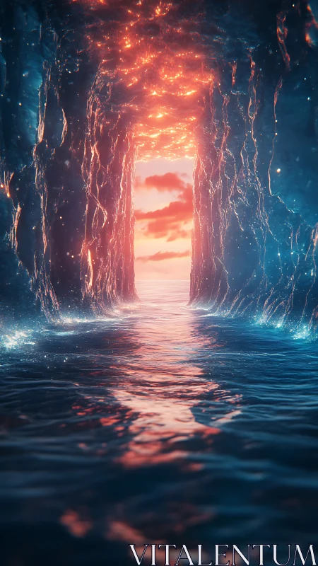 Rock tunnel over water reflects glowing sunset sky colors