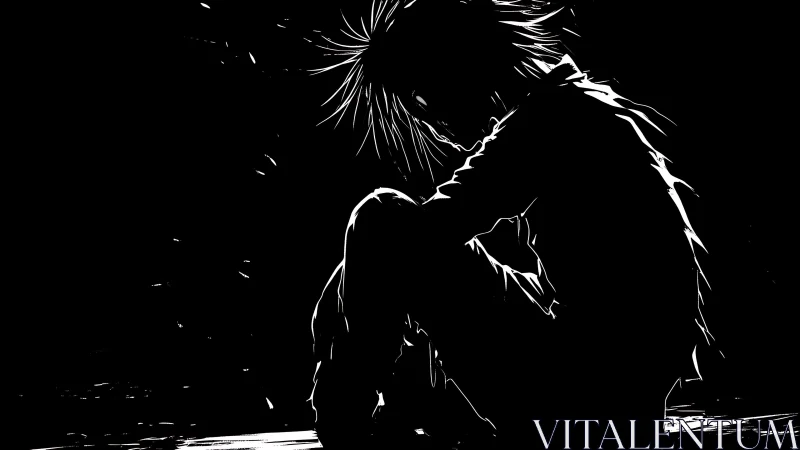 Silhouetted figure crouches in stark monochrome solitude.