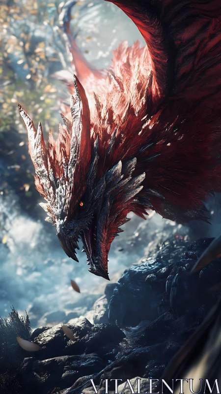 Crimson dragon dives through misty canyon in mid-attack.