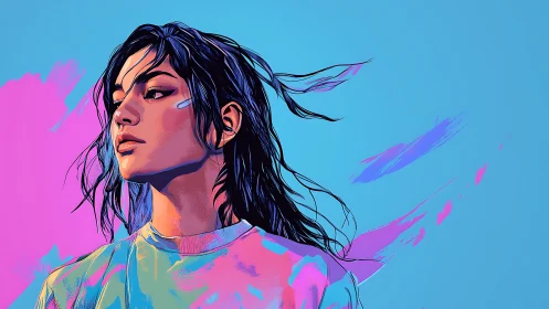 Confident young woman gazes ahead in bold neon brushstrokes