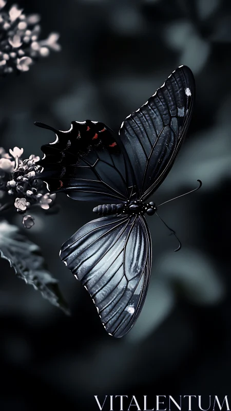 Black butterfly rests on small flowering plant in profile
