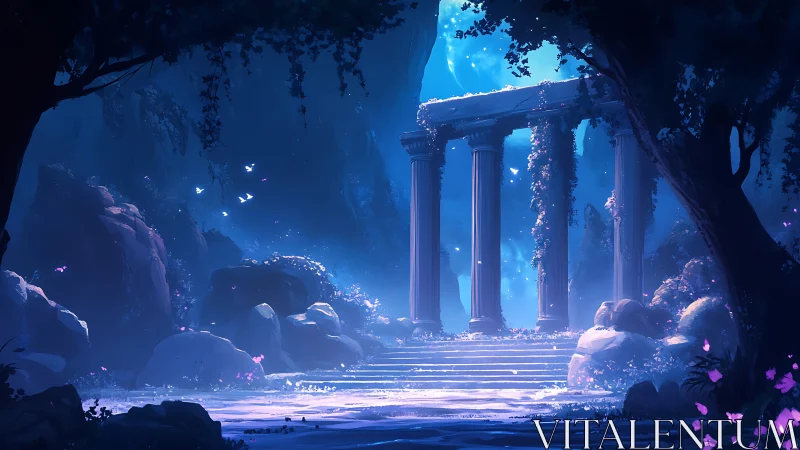 Moonlit ivy temple ruins within ethereal blue forest glade.