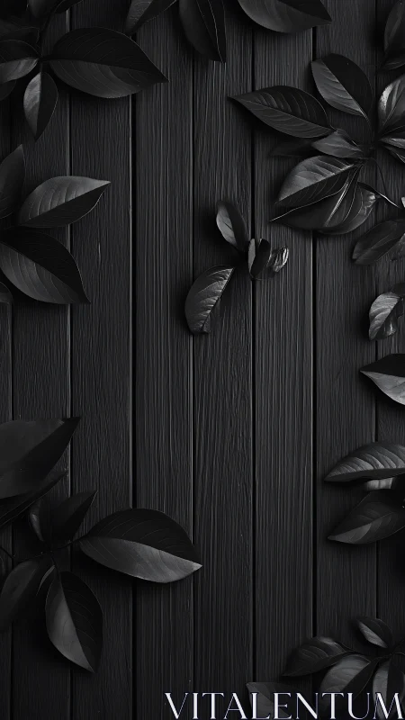 Midnight foliage drapes over charcoal planked wooden wall.