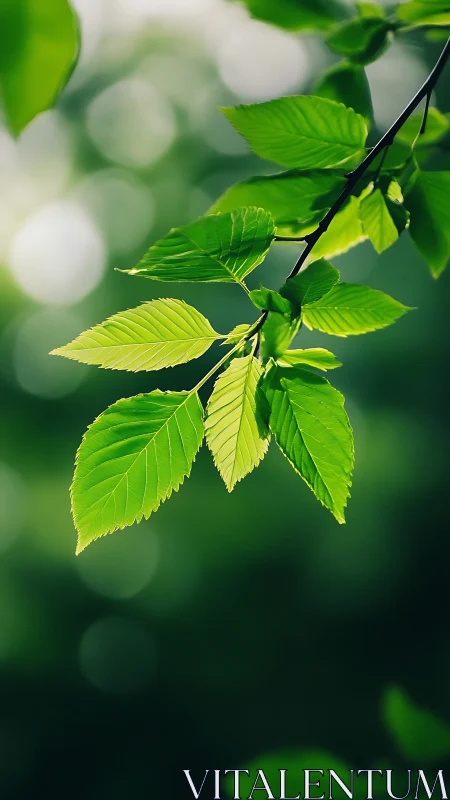 Sunlit green leaves hang sharply focused against soft bokeh