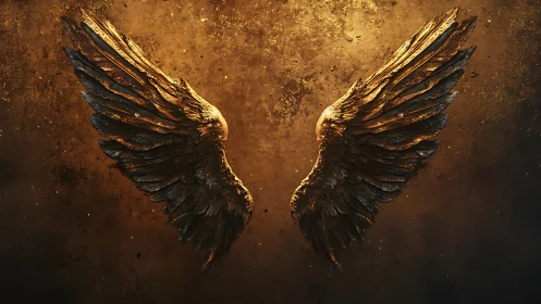 Bronzed angel wings suspended in molten dusk glow.