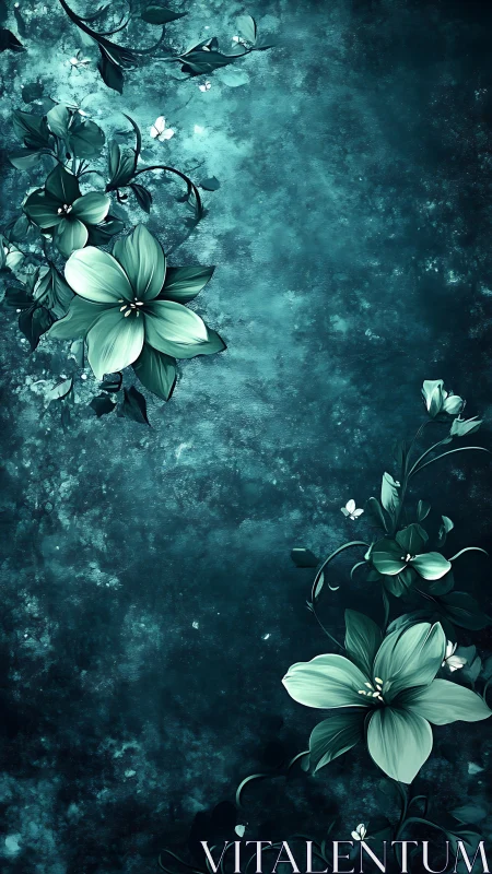 Cyan Floral Composition on Weathered Teal Textured Background.