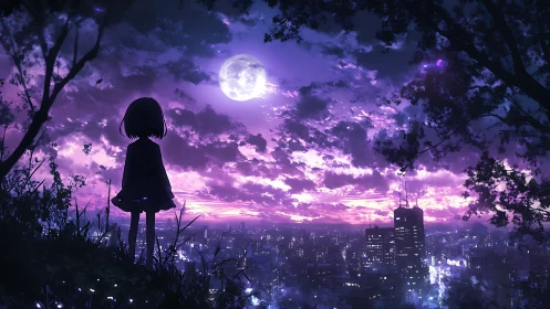 Moonlit overlook with silhouetted girl above neon cityscape.