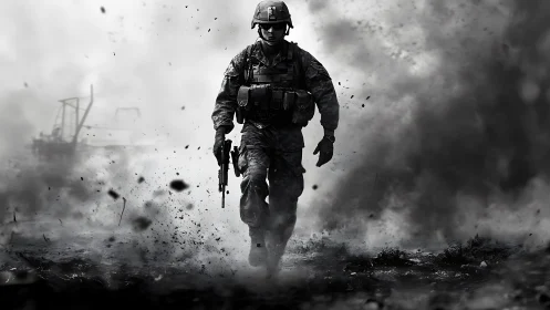 Lone soldier strides through battlefield smoke and debris