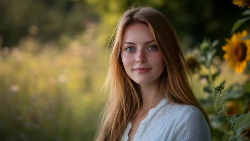 Young woman in white blouse in soft sunflower field portrait.
